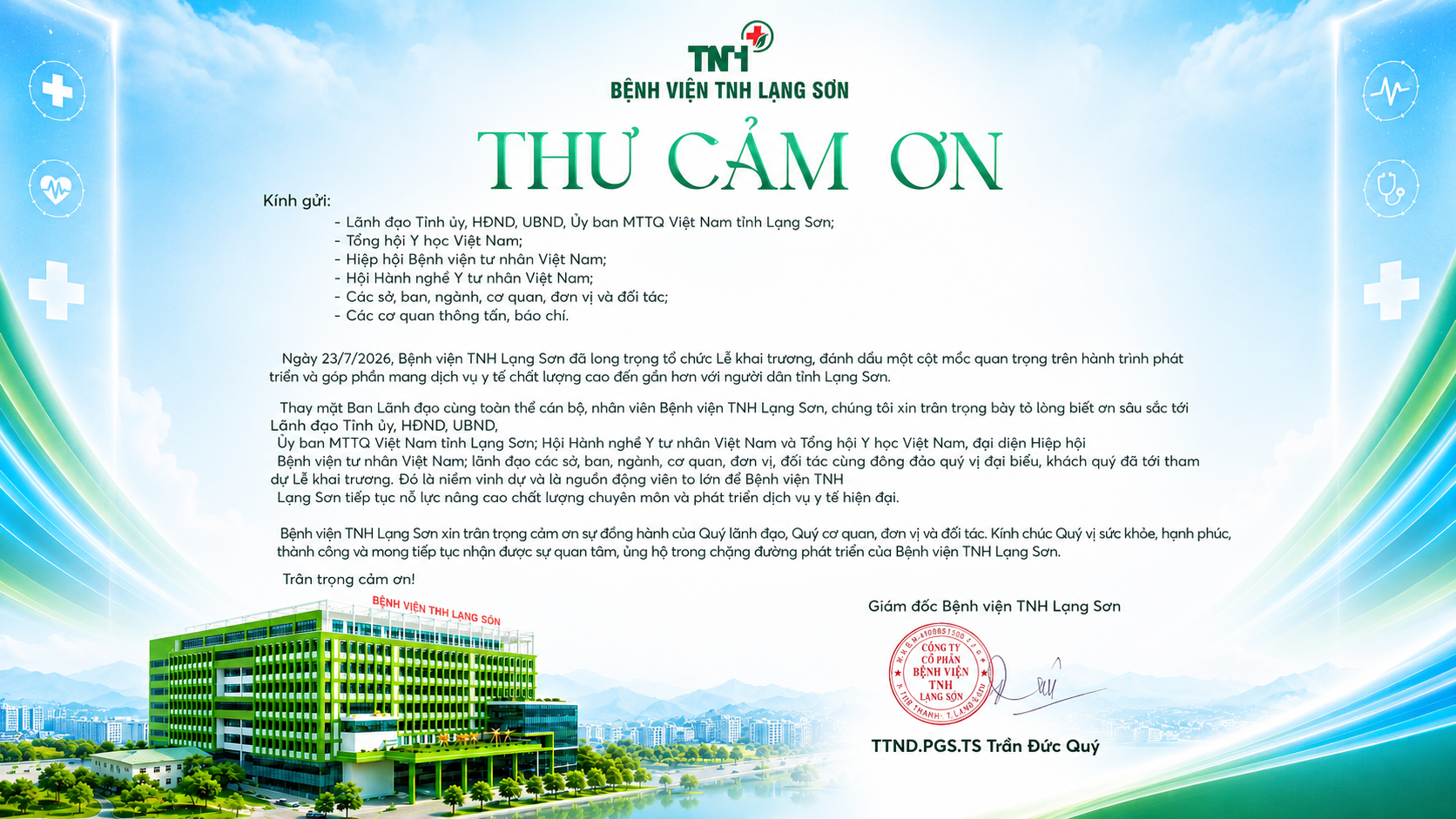 Bệnh viện TNH Lạng Sơn trân trọng cảm ơn Quý đại biểu, Quý đối tác và Quý khách mời đã tham dự Lễ khai trương